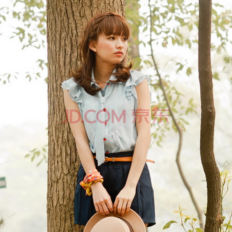 小女生别致樱桃扣蝴蝶结荷叶袖雪纺衫(k5095)