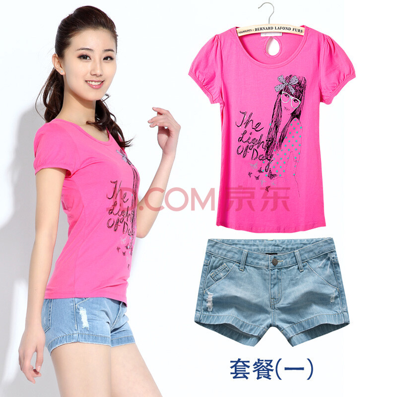 cuteway 2012新款<em>女装</em>时尚短袖T恤+牛仔短裤