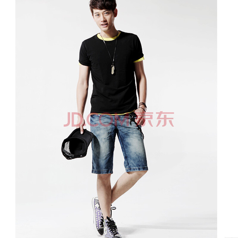 柒加尚品 夏装简约短袖T恤 水洗牛仔<em>短裤</em> 搭配