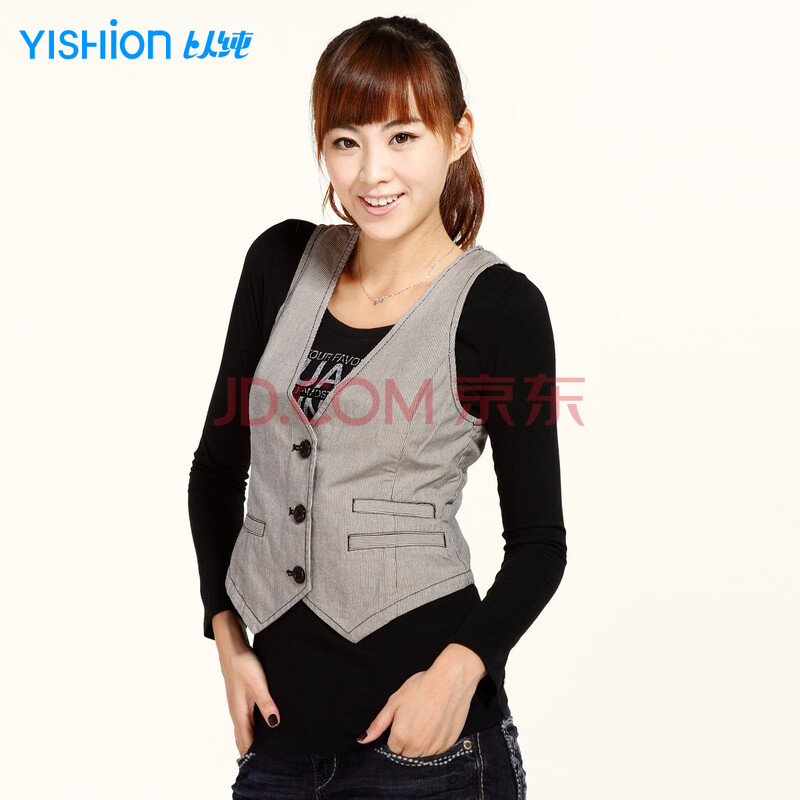 <em>以纯</em> 女装休闲夹层<em>马甲</em>10321302 黑色 L图片