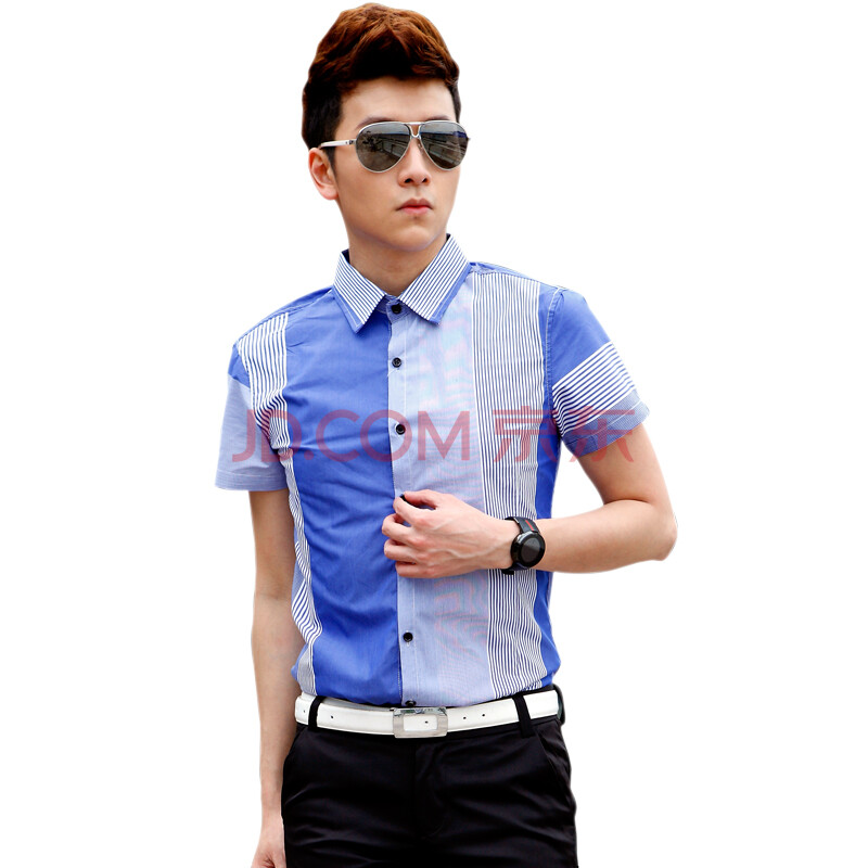 缤慕 夏装新款英伦风男士休闲韩版修身短袖衬