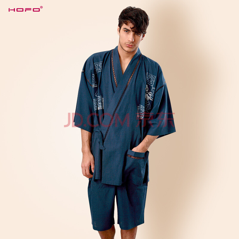 HOFO 初秋100%全棉藏青色男款<em>和服</em>短袖<em>睡衣</em>