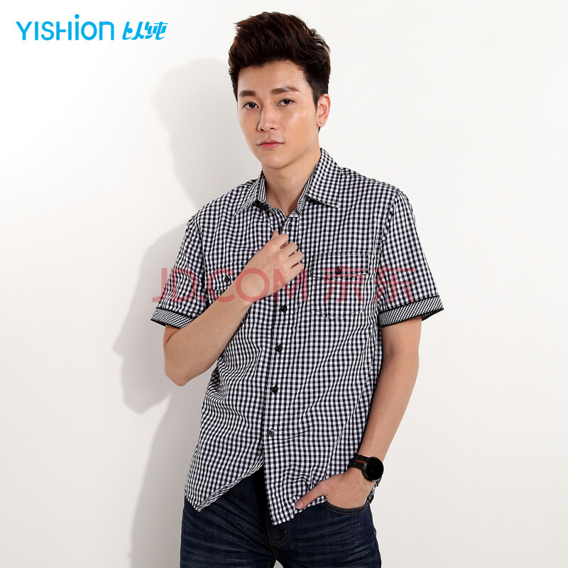 以纯 男装休闲格仔短袖衬衫11214350 黑色 L图
