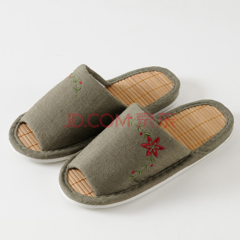 柏逸家居女士竹底绣花家居拖鞋 军绿色 均码图