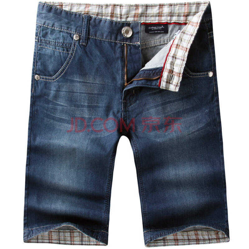 College Home 夏季<em>男士</em>修身深蓝<em>翻边牛仔短裤</em>