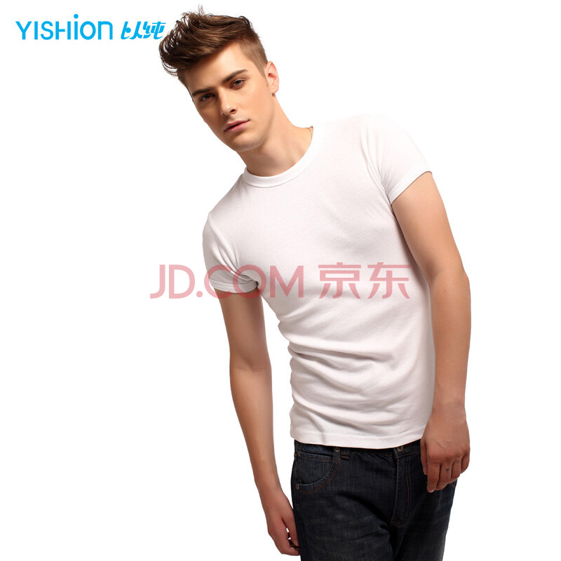 以纯 男装针织打底衫 短袖T恤16419302C 白色