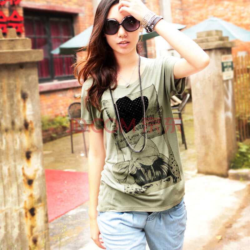 as<em>安都</em>韩版<em>女孩</em>印花短袖圆领T恤 9208225 军