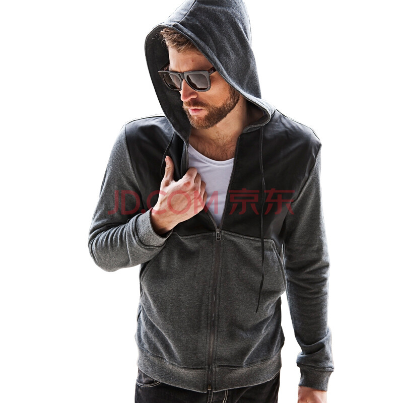 西班牙viishow春装新款<em>男士</em>拼皮男装<em>开衫连帽</em>