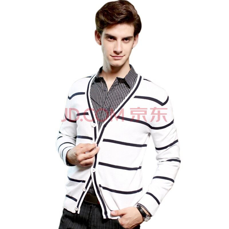Justyle倾城之醉经典撞色<em>条纹开衫男士</em>纯棉<em>针织</em>