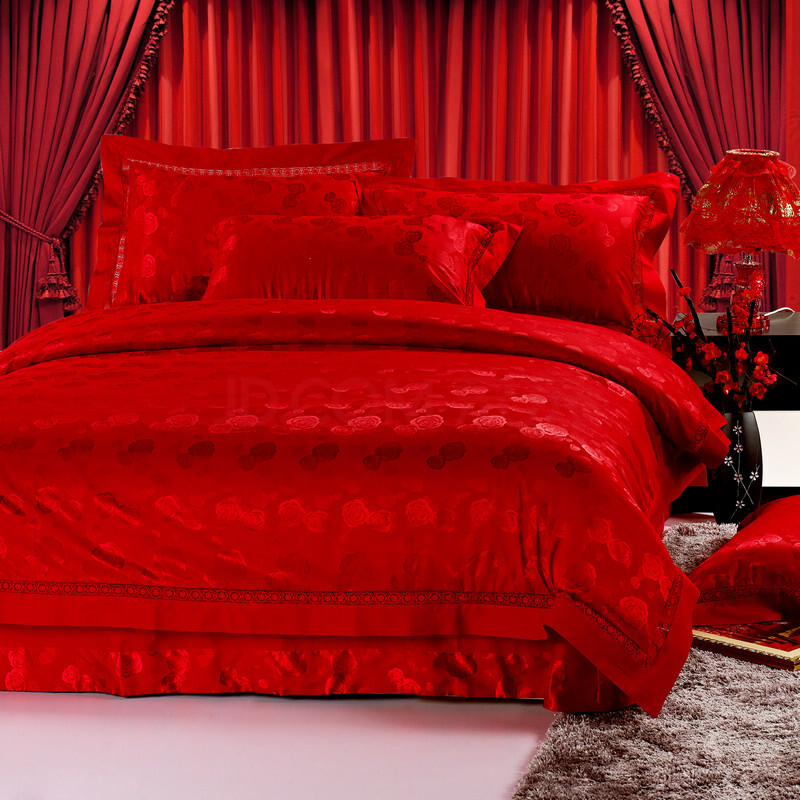喜庆佳缘 全棉贡缎婚庆床上用品四件套 结婚床