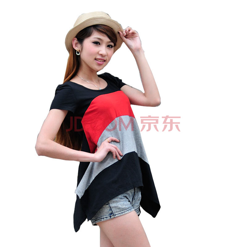沃祖 夏装<em>女式</em>全棉短袖多色拼接<em>燕尾服</em>T恤 修