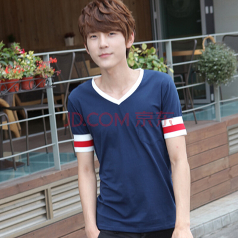 韩国2012夏装新款韩版潮男士v领修身短袖t恤男oc2040 藏蓝色 m