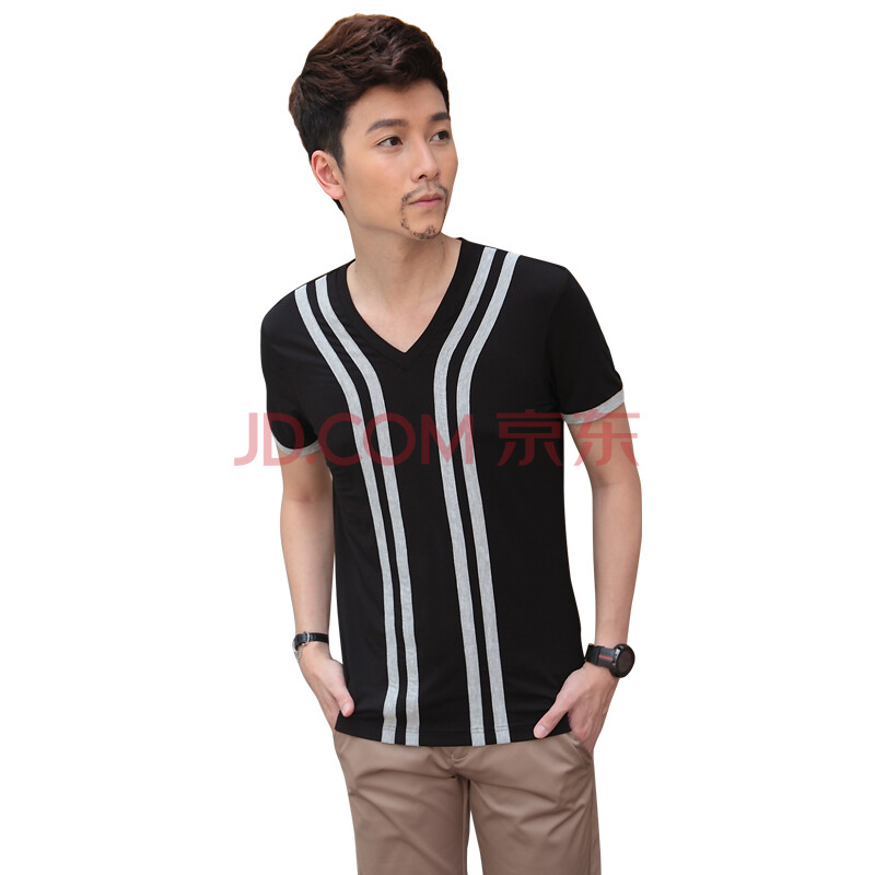 缤慕 夏季韩版时尚个性休闲修身潮流V领短袖T