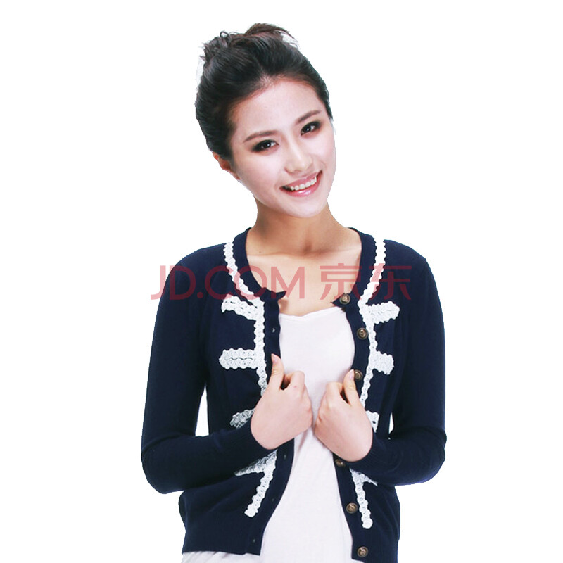 纯然尚品 复古圆领短款<em>小开衫羊绒小开衫</em> 深蓝