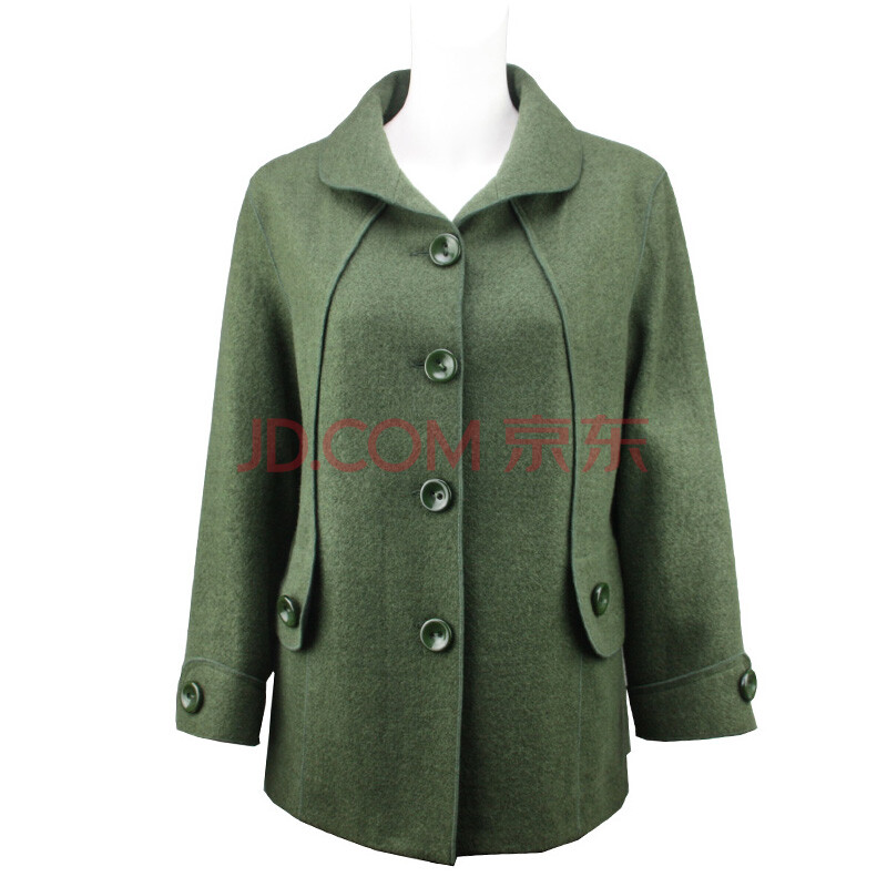 莎瑞 胖中老年女装秋冬装 大码妈妈装 小圆领嵌明线毛呢外套 绿色 XXXXL图片