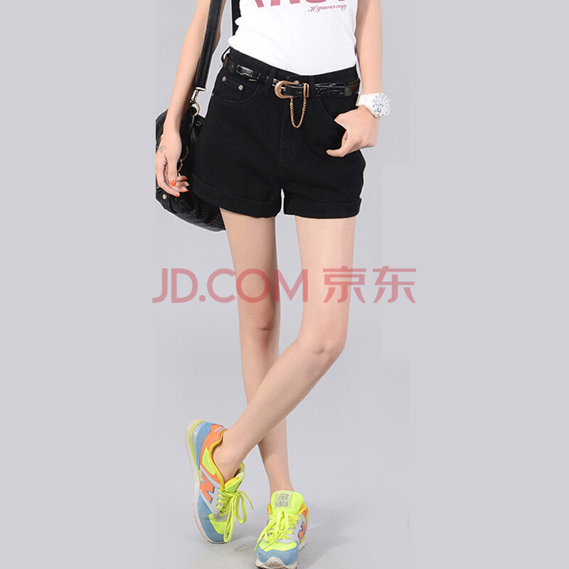 伊若莱2014新款纯色<em>高腰</em>翻边<em>女牛仔短裤</em>宽松