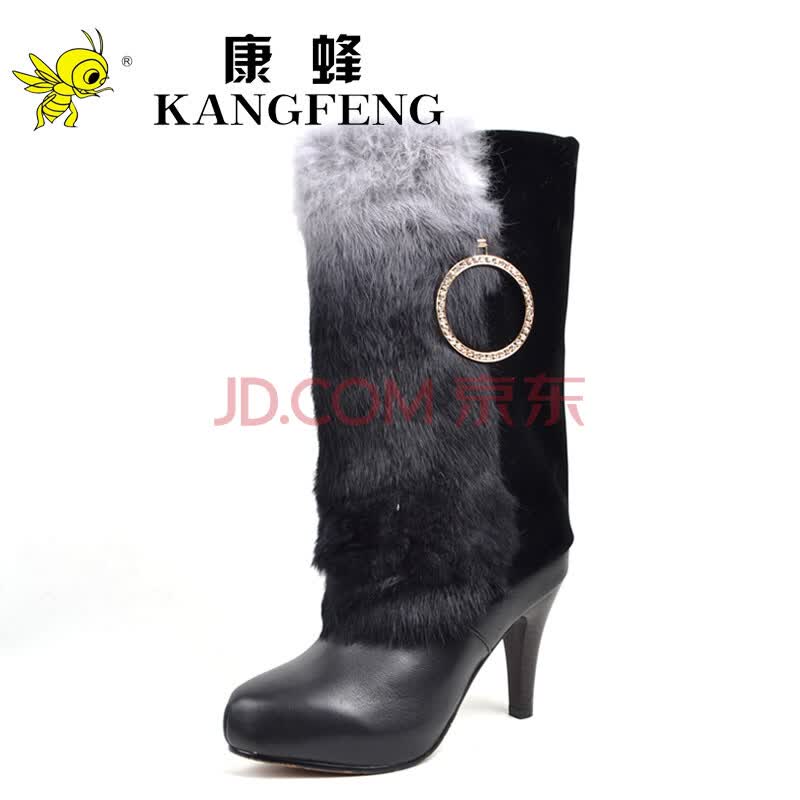 012冬新品真皮软面皮渐变色兔毛<em>女高跟靴</em>高筒