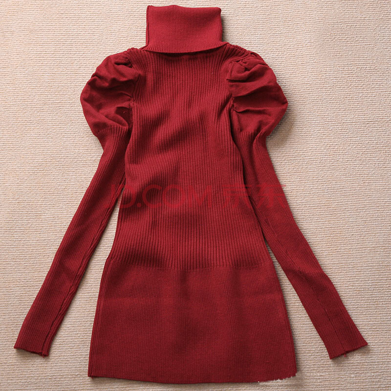 sonU 韩版泡泡袖高领针织衫秋冬修身<em>中长款紧</em>