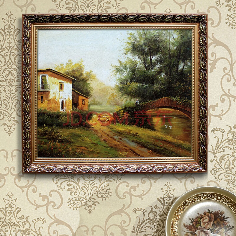 格丽油画 古典风景画乡村牧羊 配褐色立体雕花实木画框60x70cm