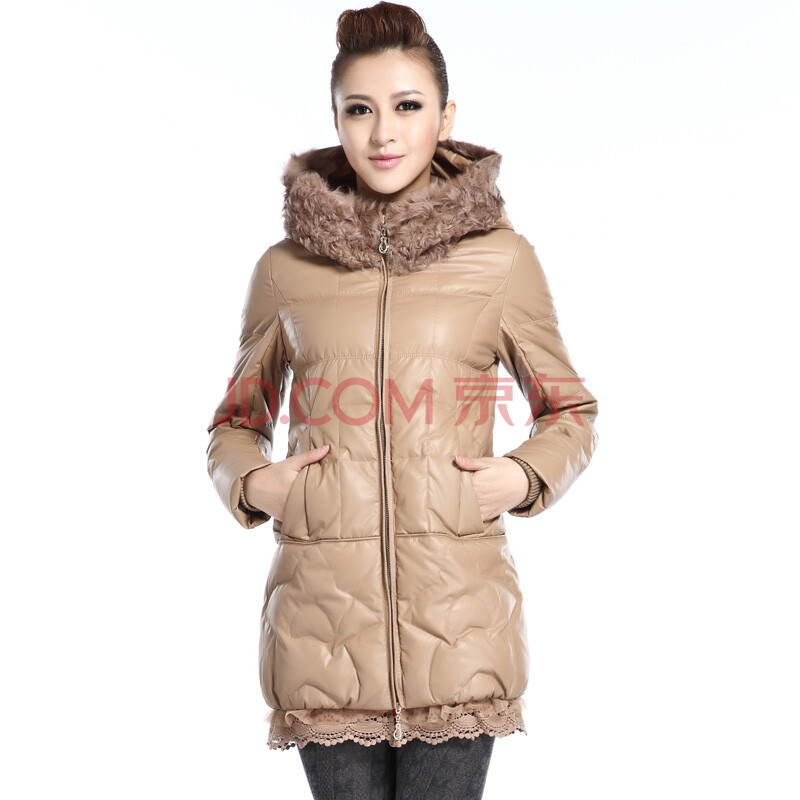 cilaya\/熙兰雅2012新款 韩版奢华羊毛领中长款修身羽绒服女装外套C2736 米色 L图片