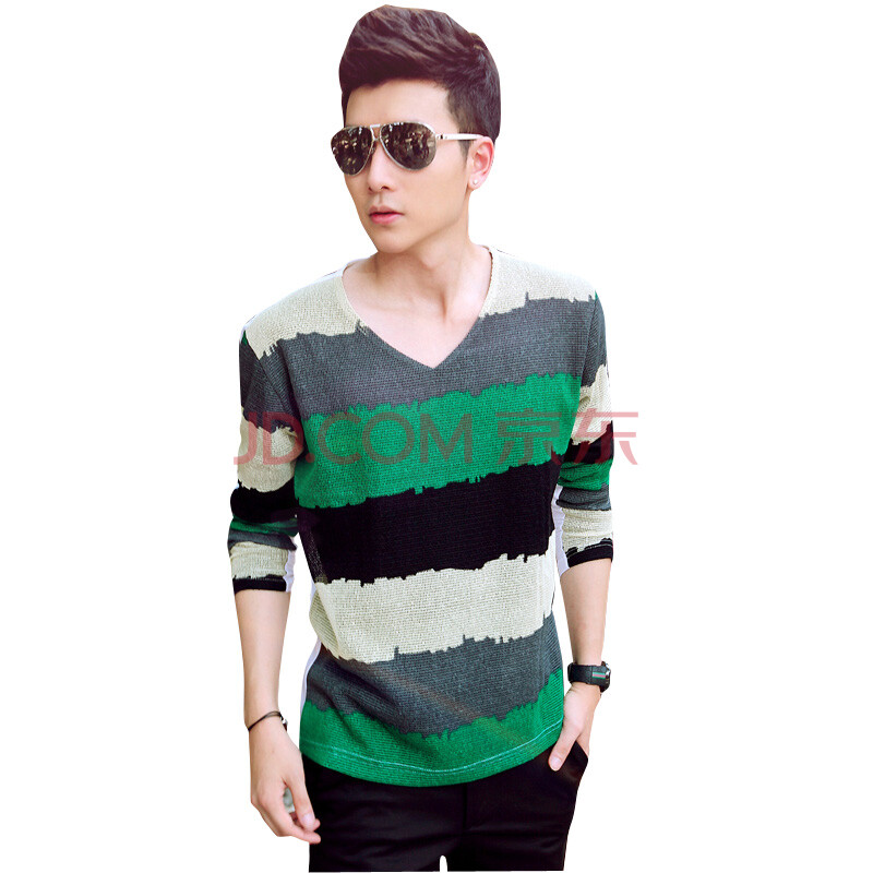 缤慕 韩版男装条纹修身长袖v领时尚T恤衫 908