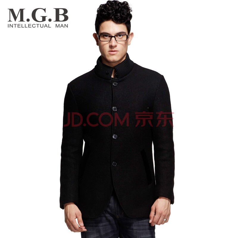 马基堡MGB 黑色羊毛立领商务修身夹克 保暖便