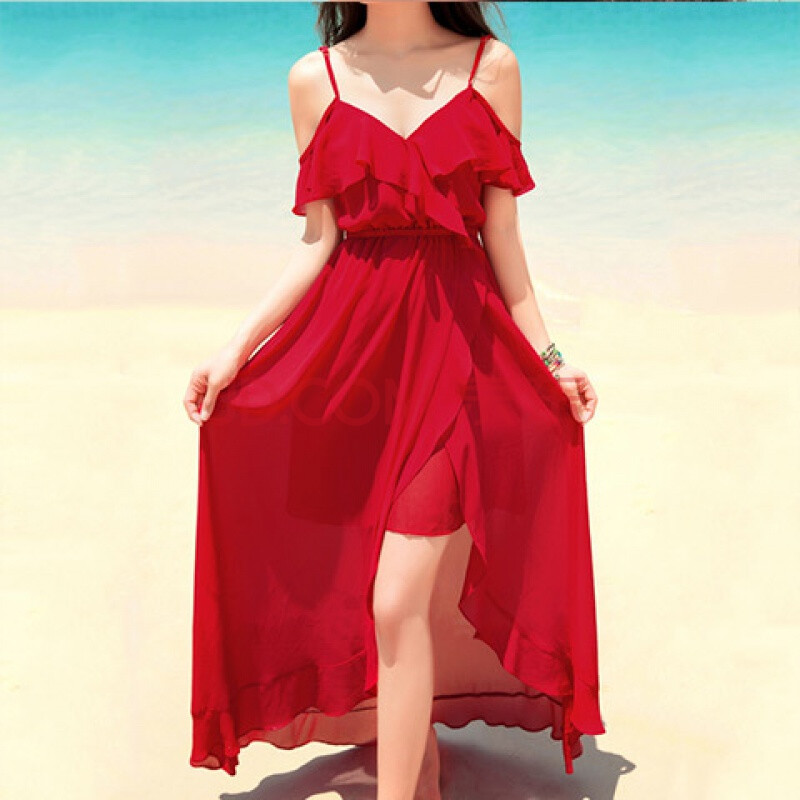 度假海边沙滩裙红色礼服女漏肩连衣裙夏露肩雪纺裙吊带长裙燕尾裙【4