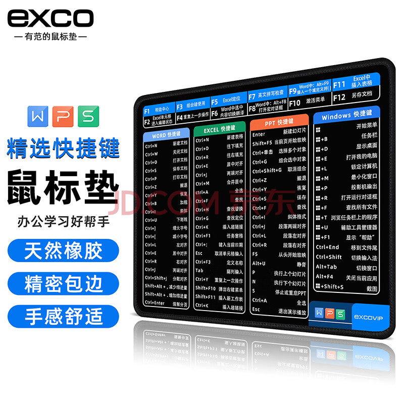 宜适酷(EXCO)WPS快捷键鼠标垫小号专业EXCEL办公企业笔记本电脑软件鼠标垫快捷键PPT锁边游戏小垫0015