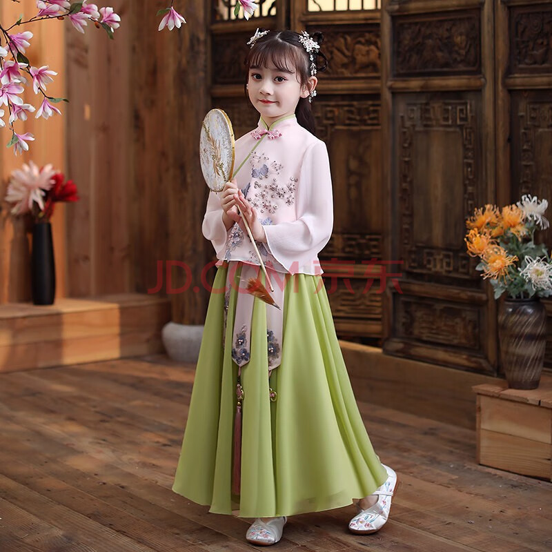 儿童古装汉服中国风超仙襦裙女童古风连衣裙宝宝唐装套装飘逸春秋 粉