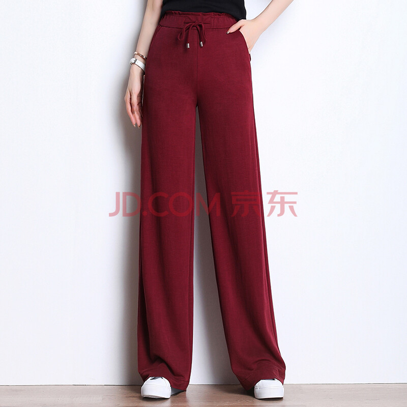新款妈妈阔腿裤女垂感直筒高腰休闲百搭宽松拖地长裤子lr2021红色30
