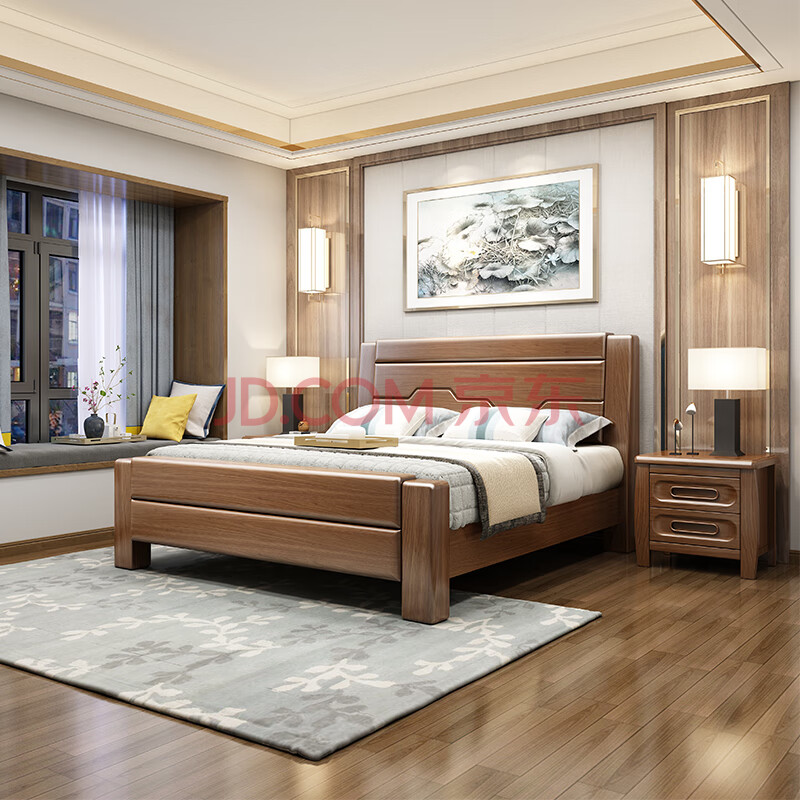 8米高箱储物床现代简约卧室婚床大床胡桃木色大小户型双人床实木家具