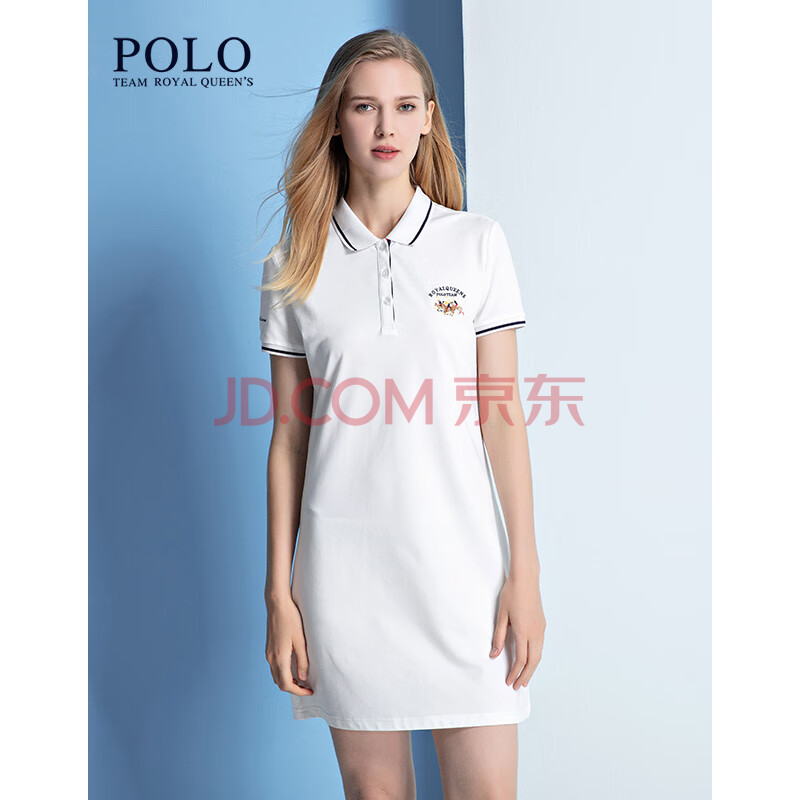 保罗女装春夏新款polo领纯色连衣裙中长款翻领休闲修身运动a字裙 白色