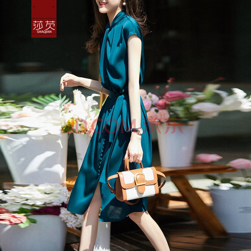 莎芡蓝色连衣裙女2021夏季新款气质优雅女裙子宽松系带显瘦中长裙