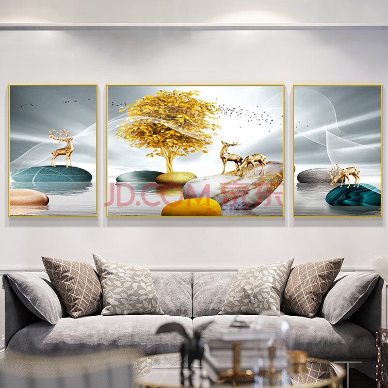 【蟾虎】客厅装饰画 三幅 沙发背景墙挂画石来运转麋鹿现代简约大气