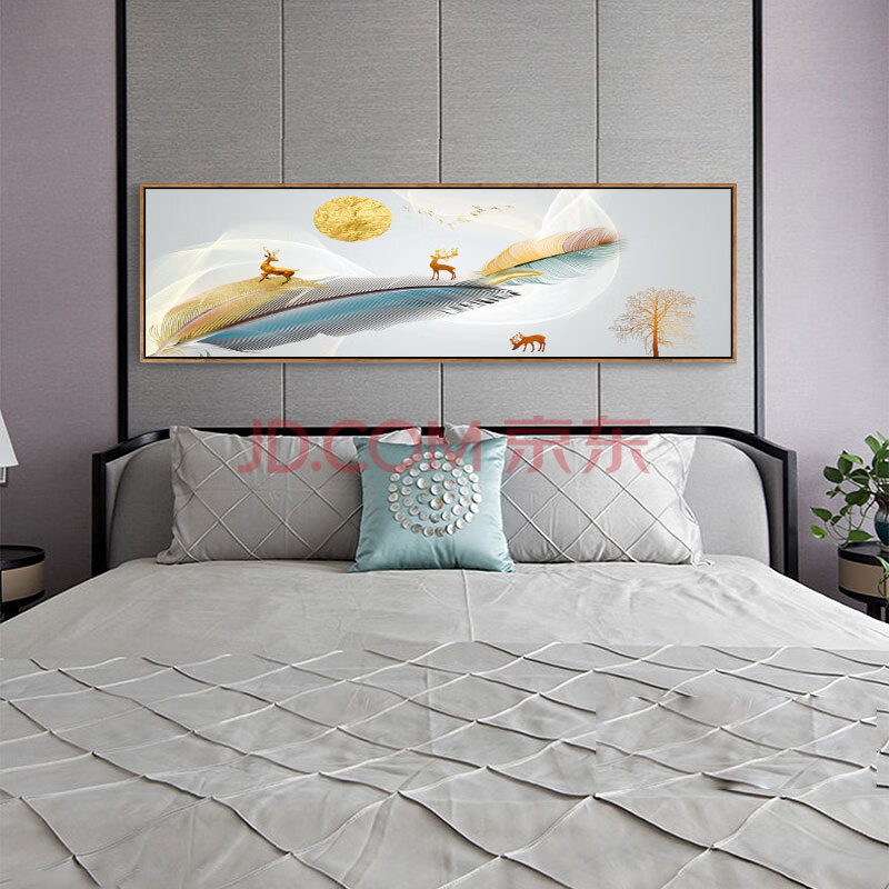 床头壁画北欧横版长方形轻奢房间挂画 麋鹿守望 50*180cm黑色框(铝
