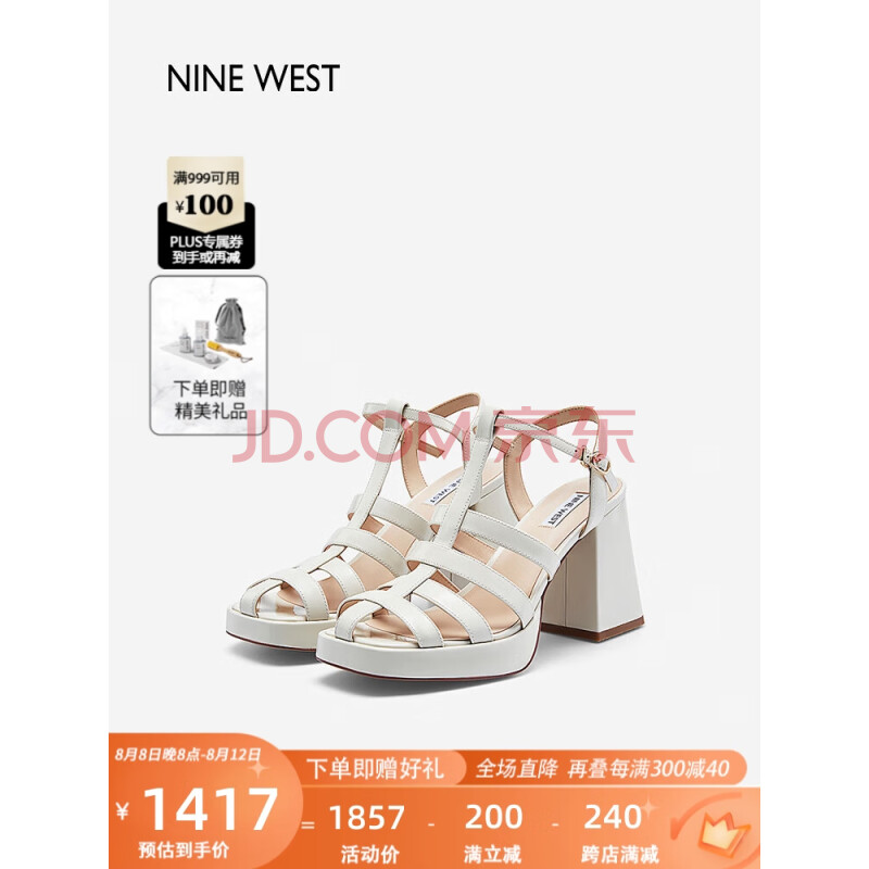 NINE WEST/玖熙罗马凉鞋女千禧风防水台粗高跟鞋 NN305017FK 米白39