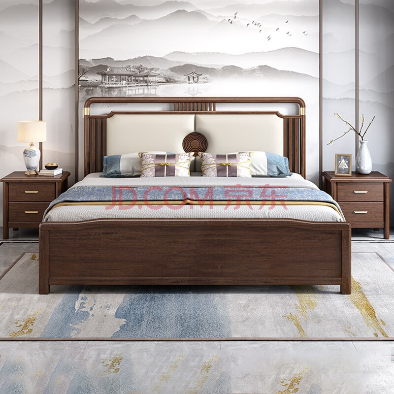 和乐家园 新中式实木床胡桃木现代简约轻奢家用真皮靠背卧室双人大床