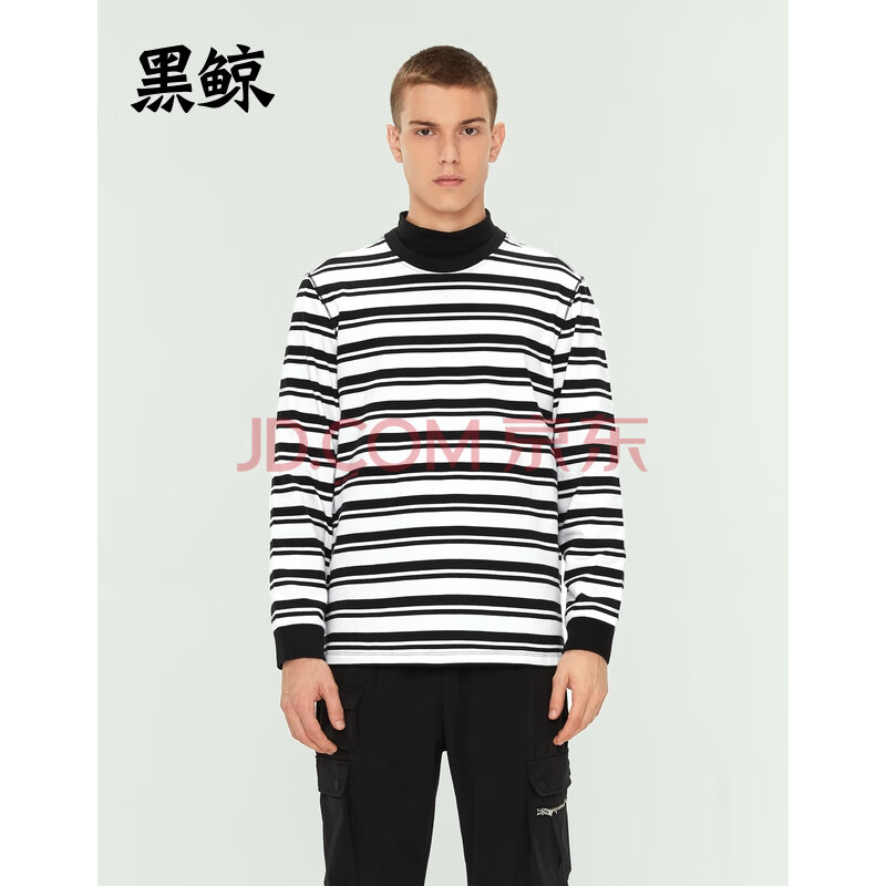 黑鲸hlajeans黑白条纹长袖t恤男热卖小字母绣花套头衫 黑色条纹23 165