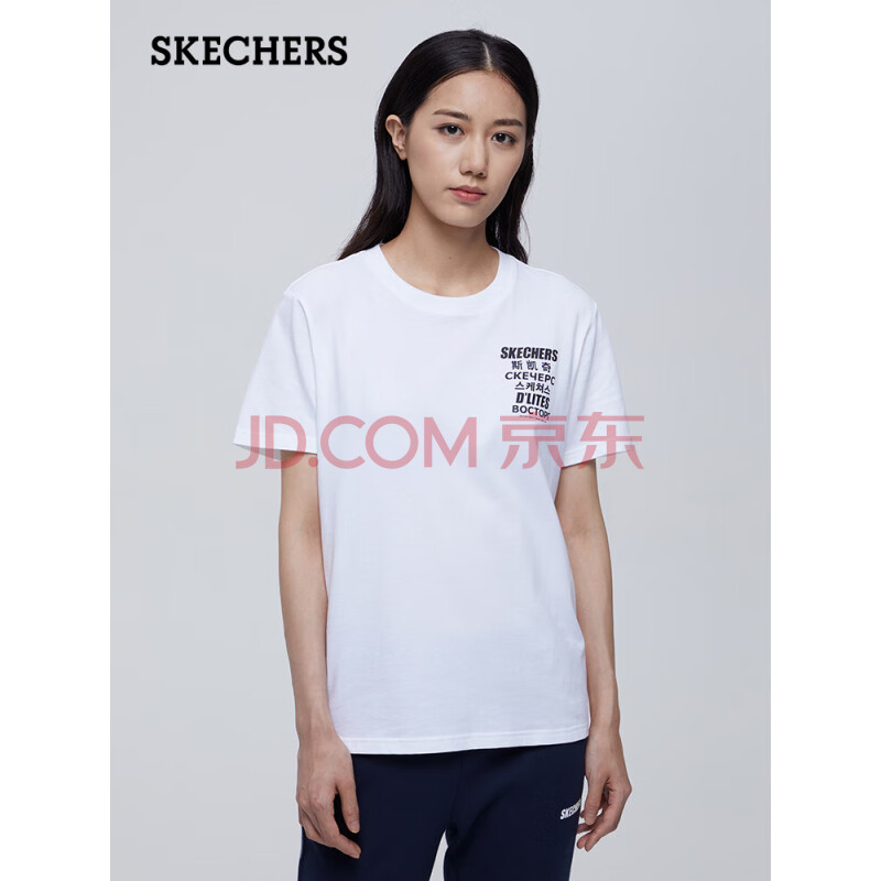 斯凯奇（Skechers）夏女子运动圆领打底衫字母印花休闲针织T恤舒适弹力短袖L319W064