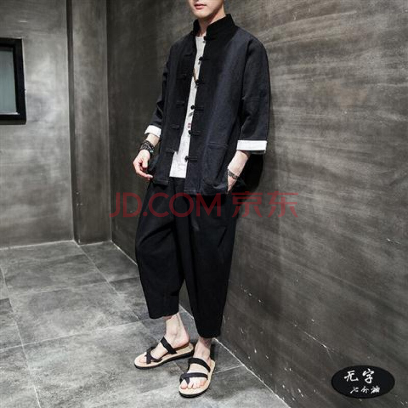 唐装亚麻套装中男装青年棉麻汉服复古装短袖禅服中式民族服装 黑色