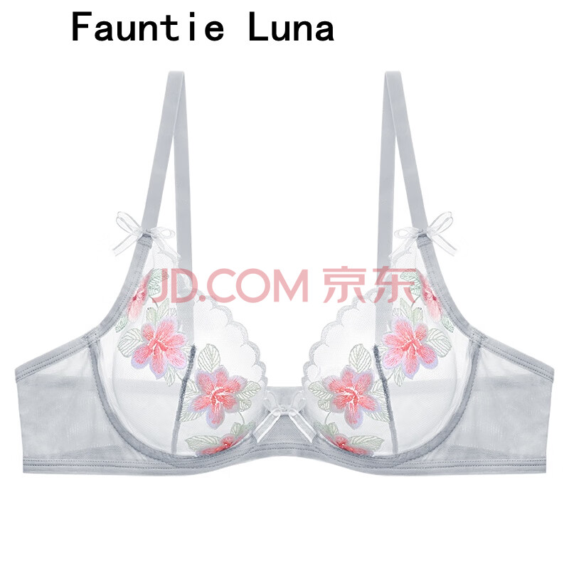 fauntie luna性感蕾丝透明文胸套装刺绣诱惑内衣女薄大胸奶罩bra 灰色