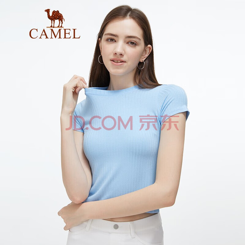 骆驼（CAMEL）女装T恤夏圆领修身韩版短袖t恤女休闲百搭时尚T恤 W1XTRS109 蓝色XL