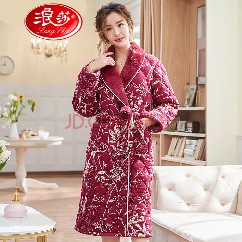 浪莎官方店新品 三层加厚夹棉睡袍女士冬季纯棉保暖全棉中长款浴袍
