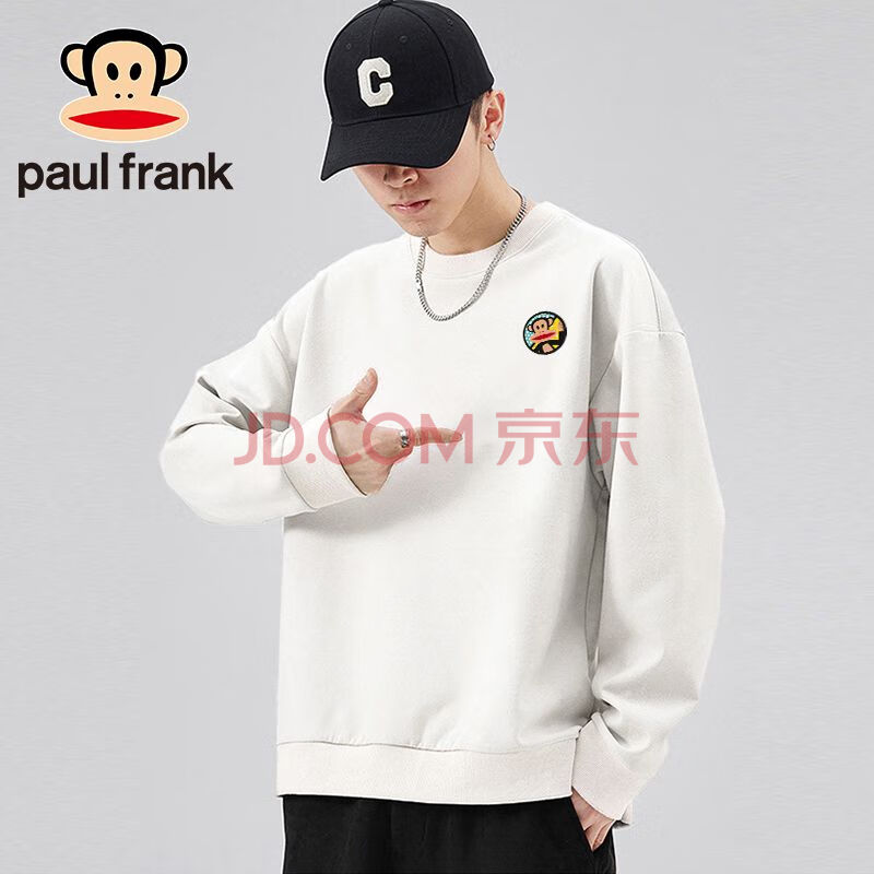 大嘴猴（paul frank）长袖卫衣男士2023秋季宽松圆领小众胸标上衣男白色XL