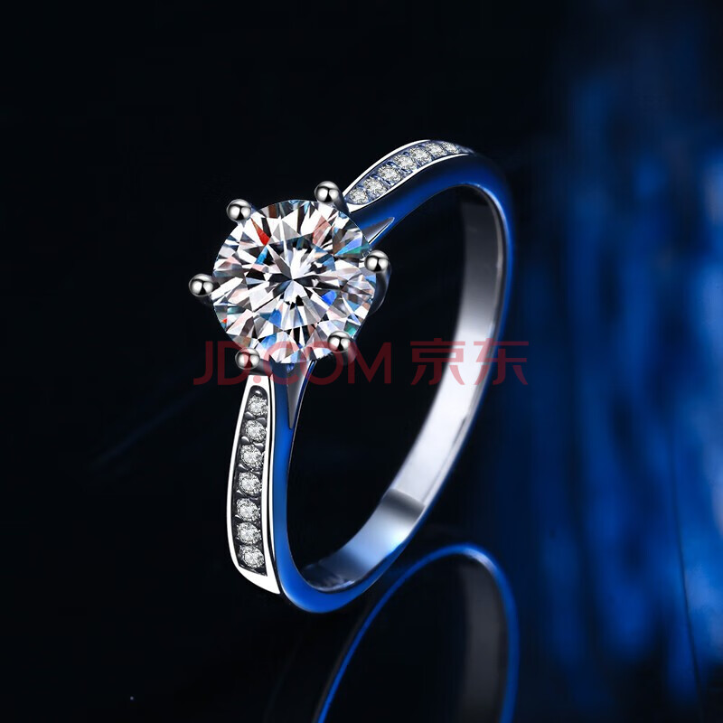 1k金女戒一克拉50分莫桑钻结婚戒指六爪莫桑石闭口白金钻戒送女友定制