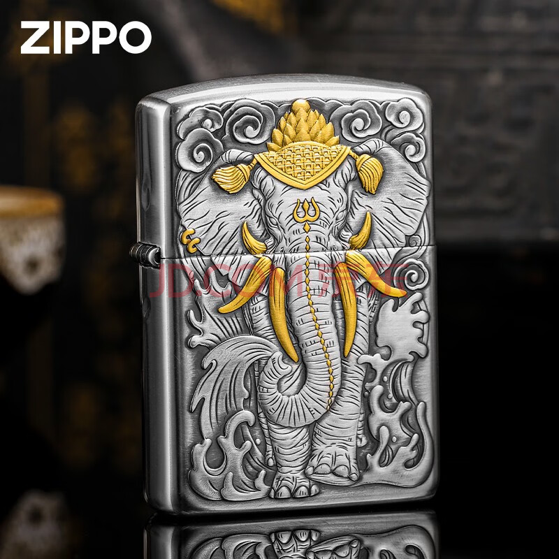 zippo打火机 六牙白象王盔甲银机贴金收藏级创意火机男士送礼 六牙象