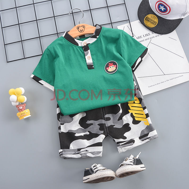 男童夏装套装夏季新款迷彩服儿童宝宝夏天外出衣服短袖两件套 墨绿色