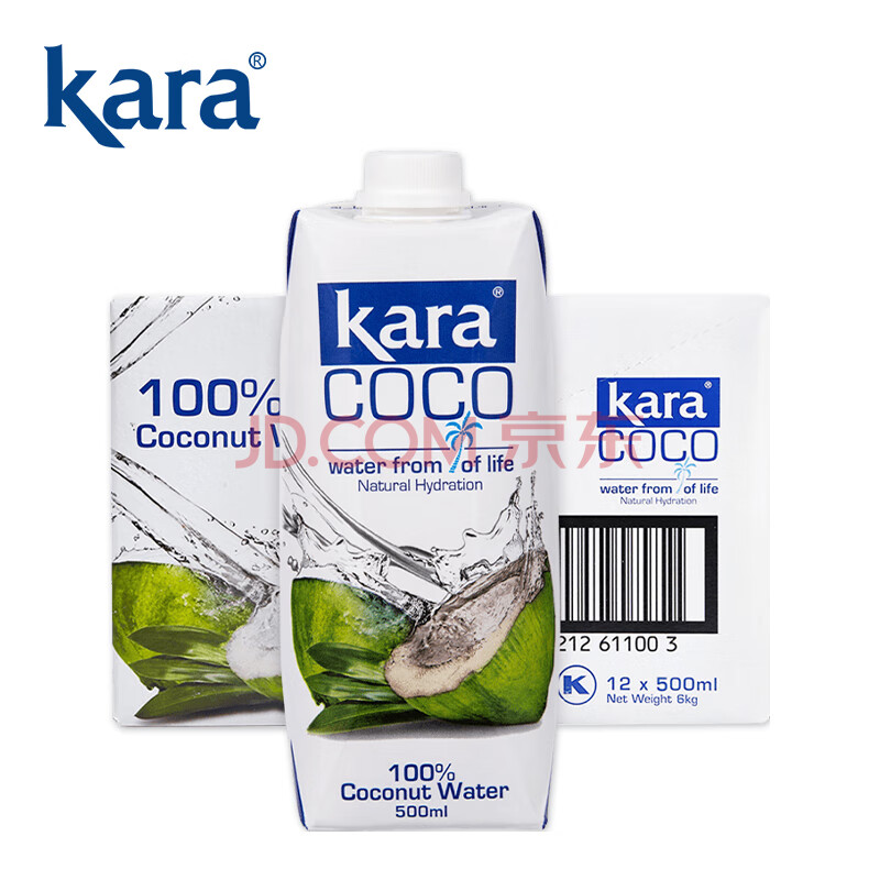 KARA100%椰子水500ml*12瓶 富含电解质 快速补水进口果汁饮料0脂低卡