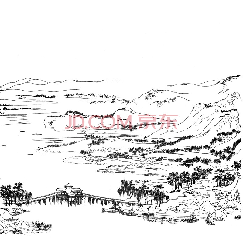 千里江山图 工笔画打印白描底稿千里江山图局部白描底稿初学者临摹