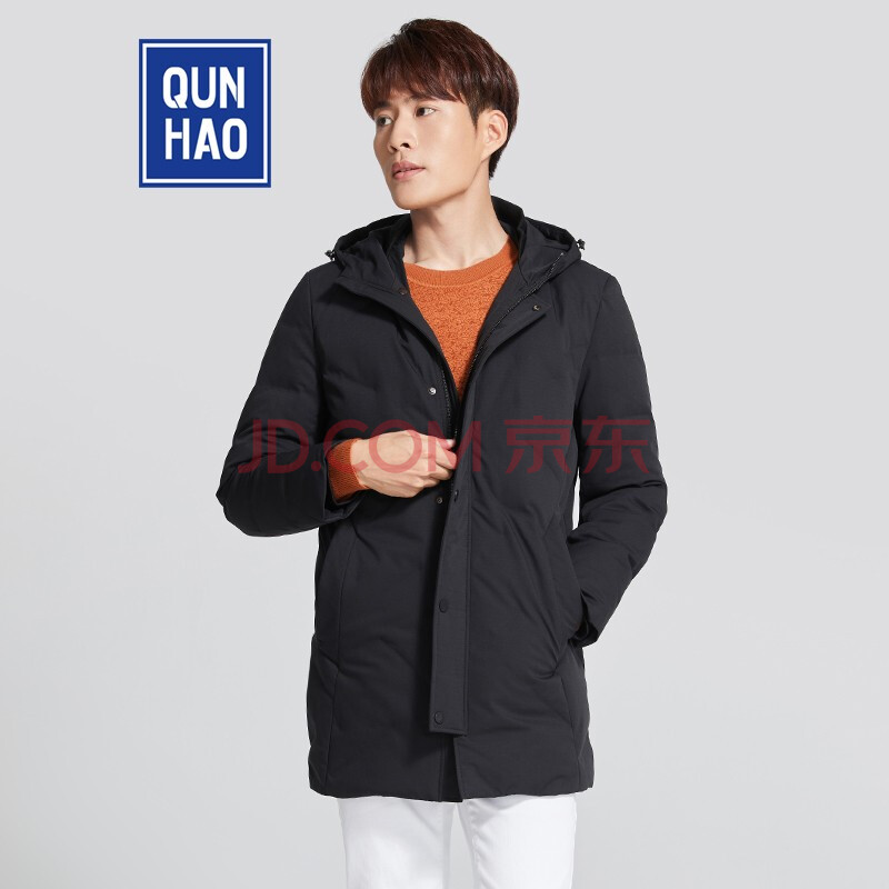 群豪男装冬季新品羽绒服男士时尚连帽保暖外套黑色中长款休闲上衣